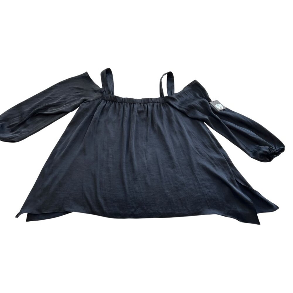 Vince Camuto Cold Shoulder Straps Black Satiny Silky Blouse Oversized XS NEW